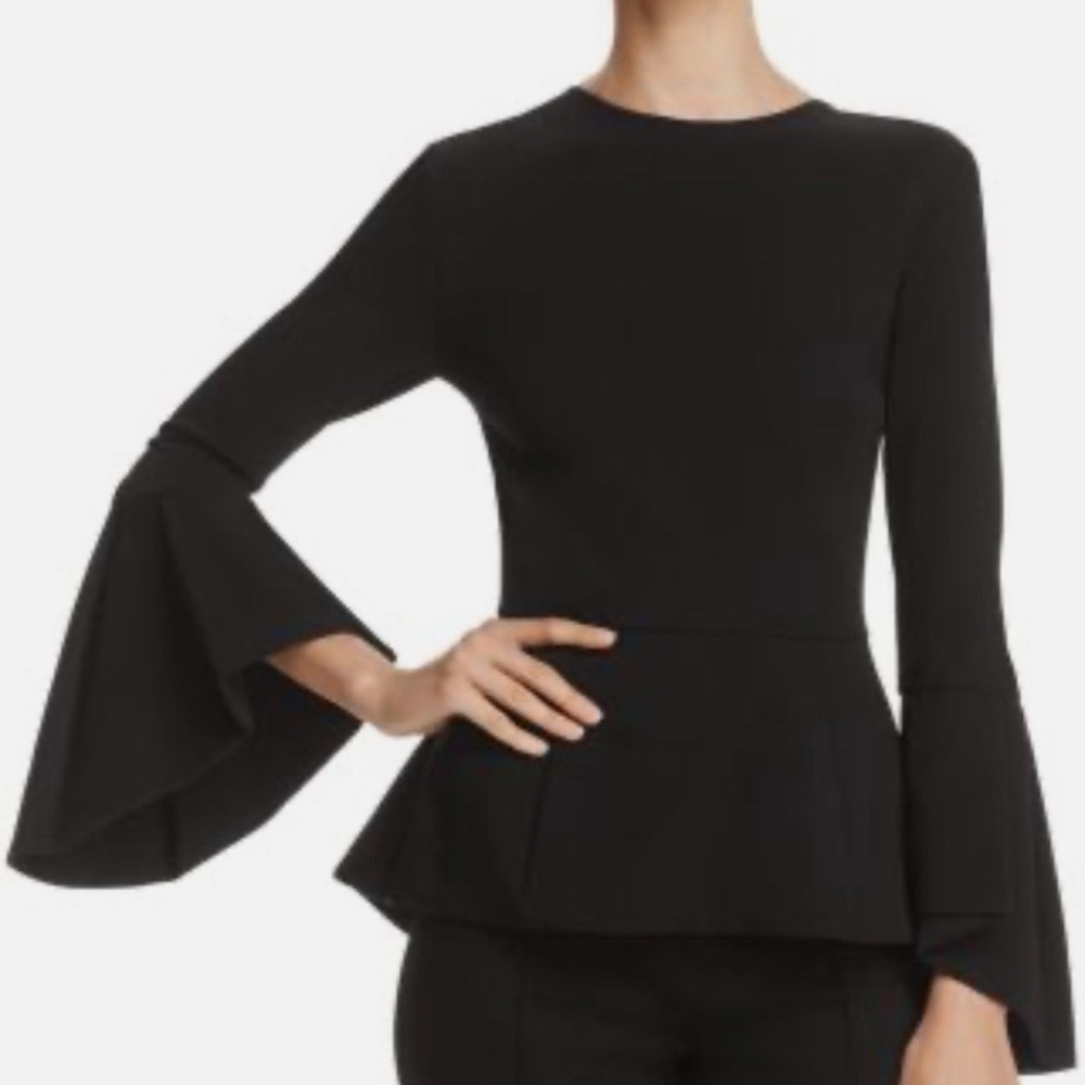 Alice + Olivia Black Peplum Blouse Top with Flared Long Bell Sleeves